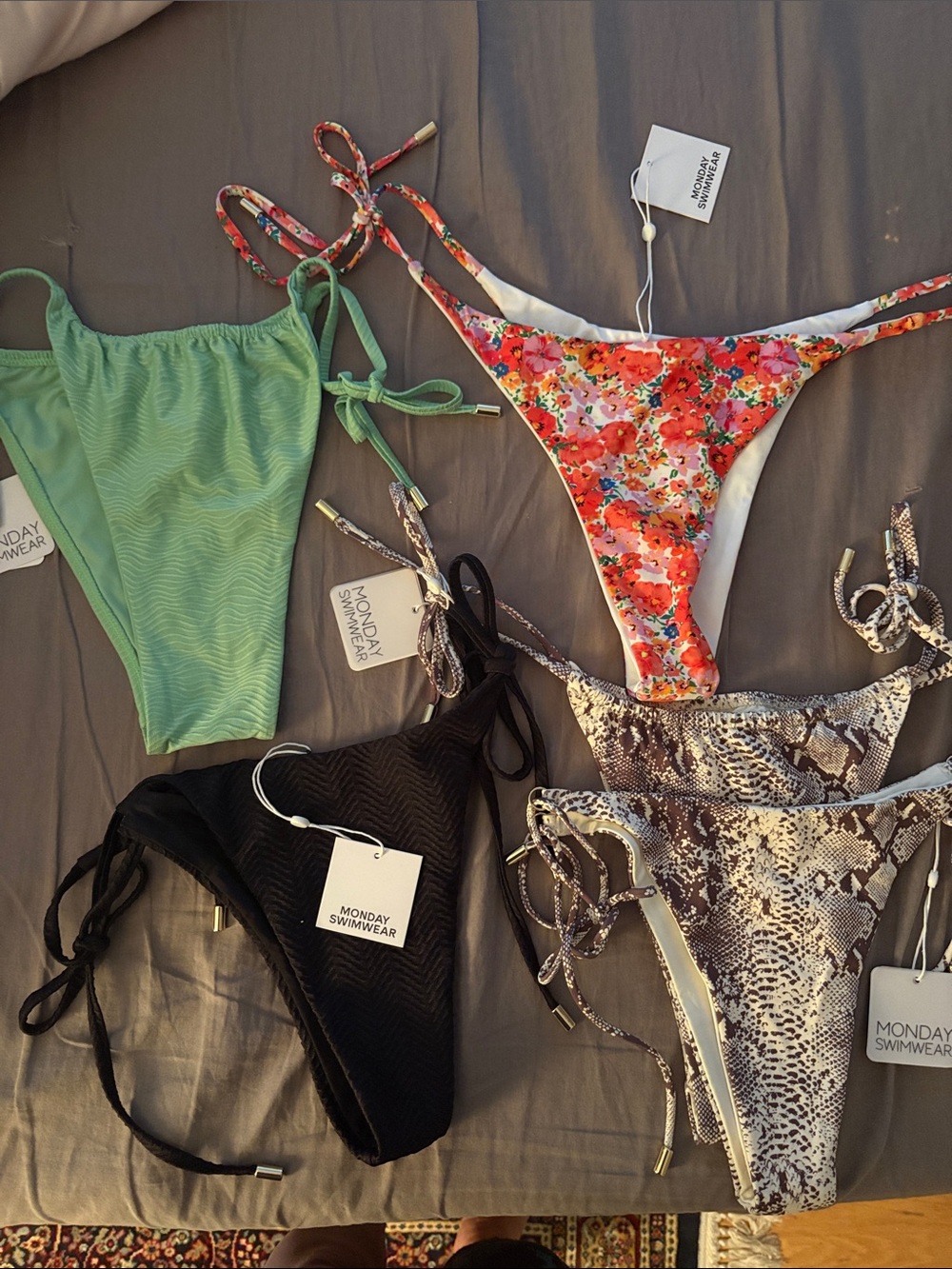 5 nwt Monday Swimwear Floral Bikini Bottoms - Coral, Pink, Green, black 
Print